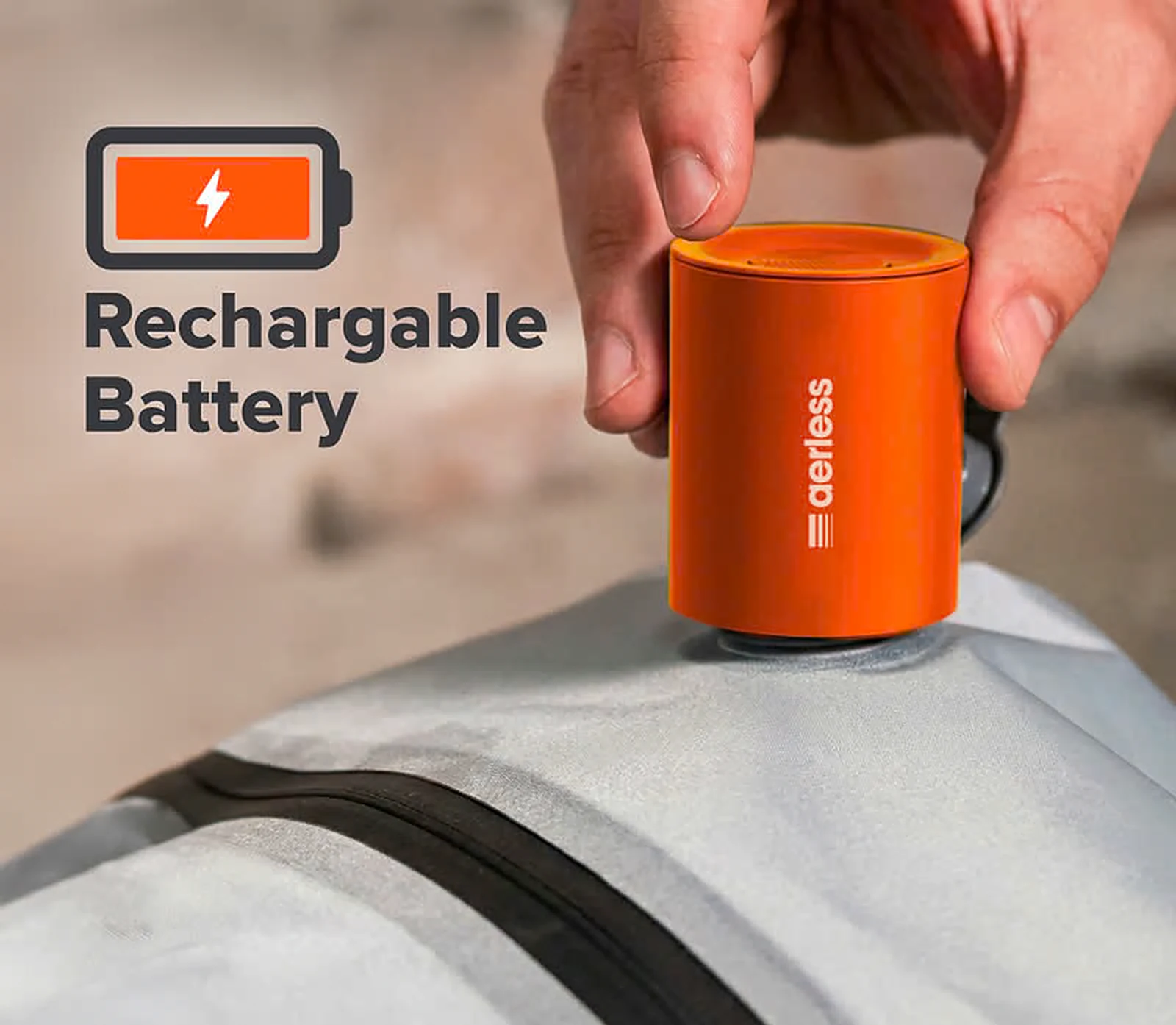 Rechargeable Aerless portable vacuum pump placed on a compression bag valve