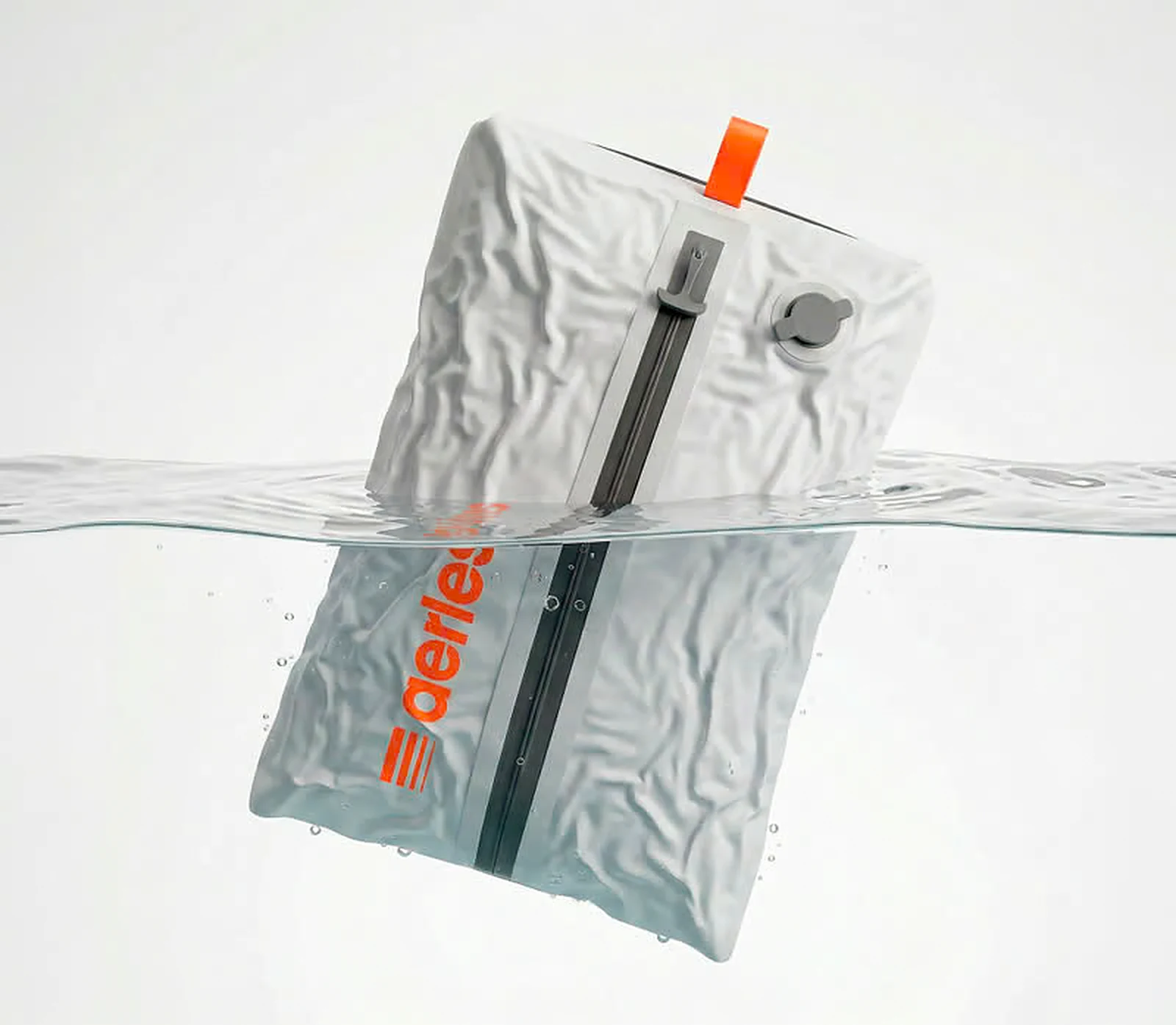 Aerless compression bag floating half-submerged in water
