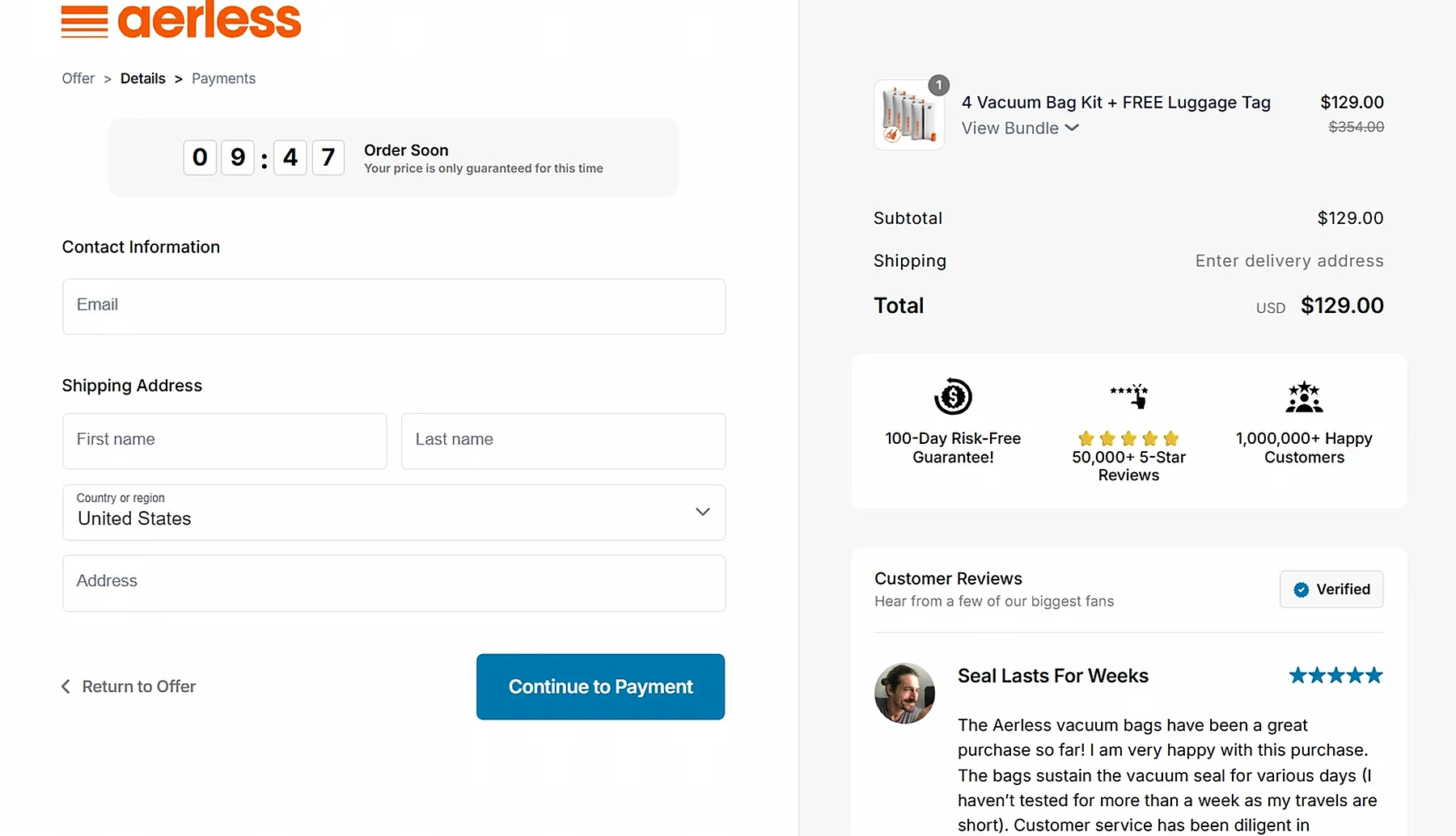 Official Aerless checkout page showing the 4 Vacuum Bag Kit order summary at $129