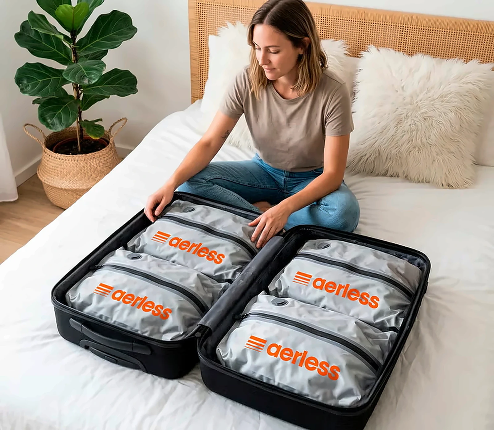 Traveler packing Aerless vacuum compression bags into an open suitcase